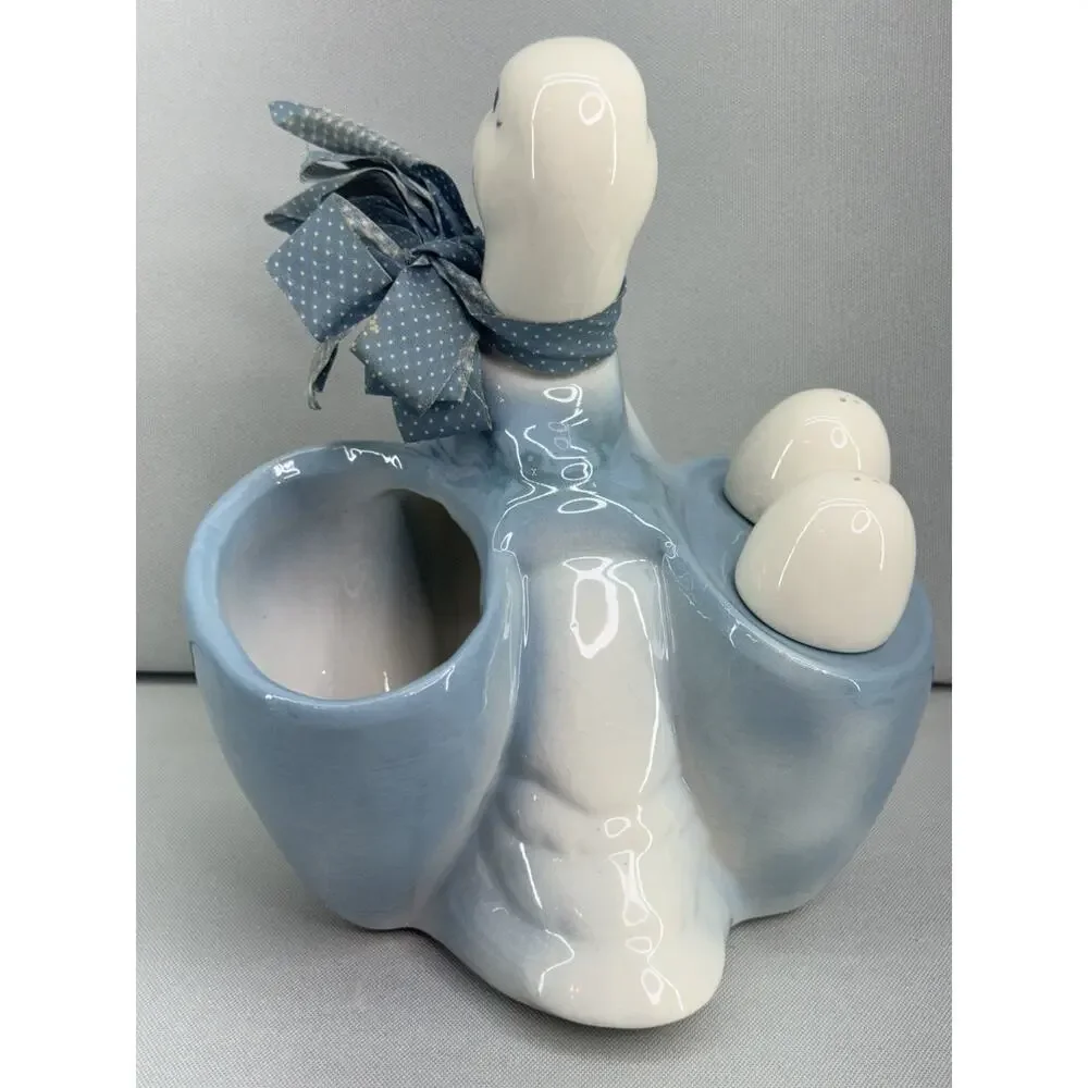 Vintage Ceramic Duck Napkin Holder Egg Salt Pepper Shakers Blue White READ